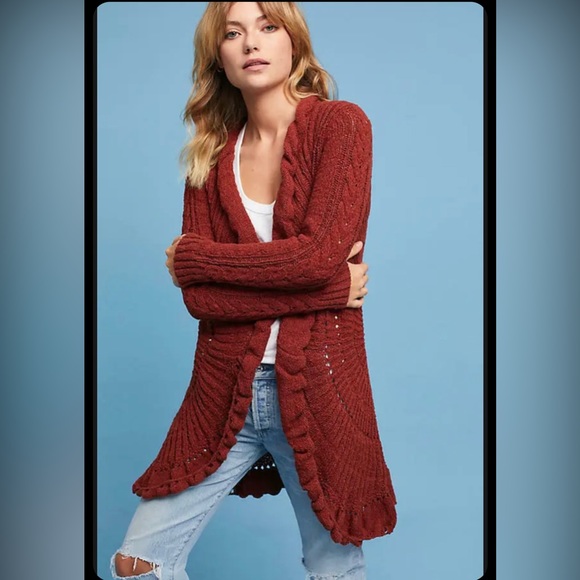 ROSIE NEIRA ANTHROPOLOGIE Rust Crochet Cotton Knit Open Longer Cardigan Duster M - Picture 1 of 14